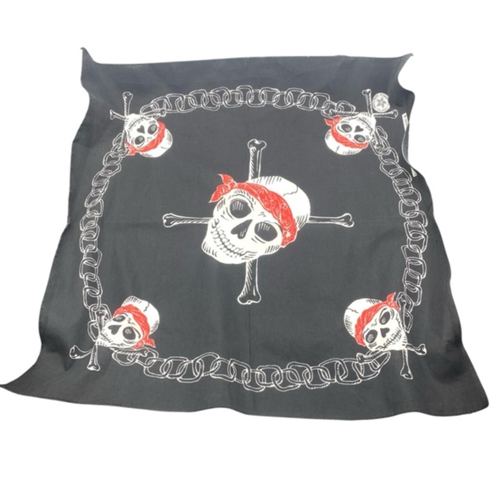 Vintage Skull & Chain Bandana Made in USA Biker Outlaw Red Black 21.5” x 22”